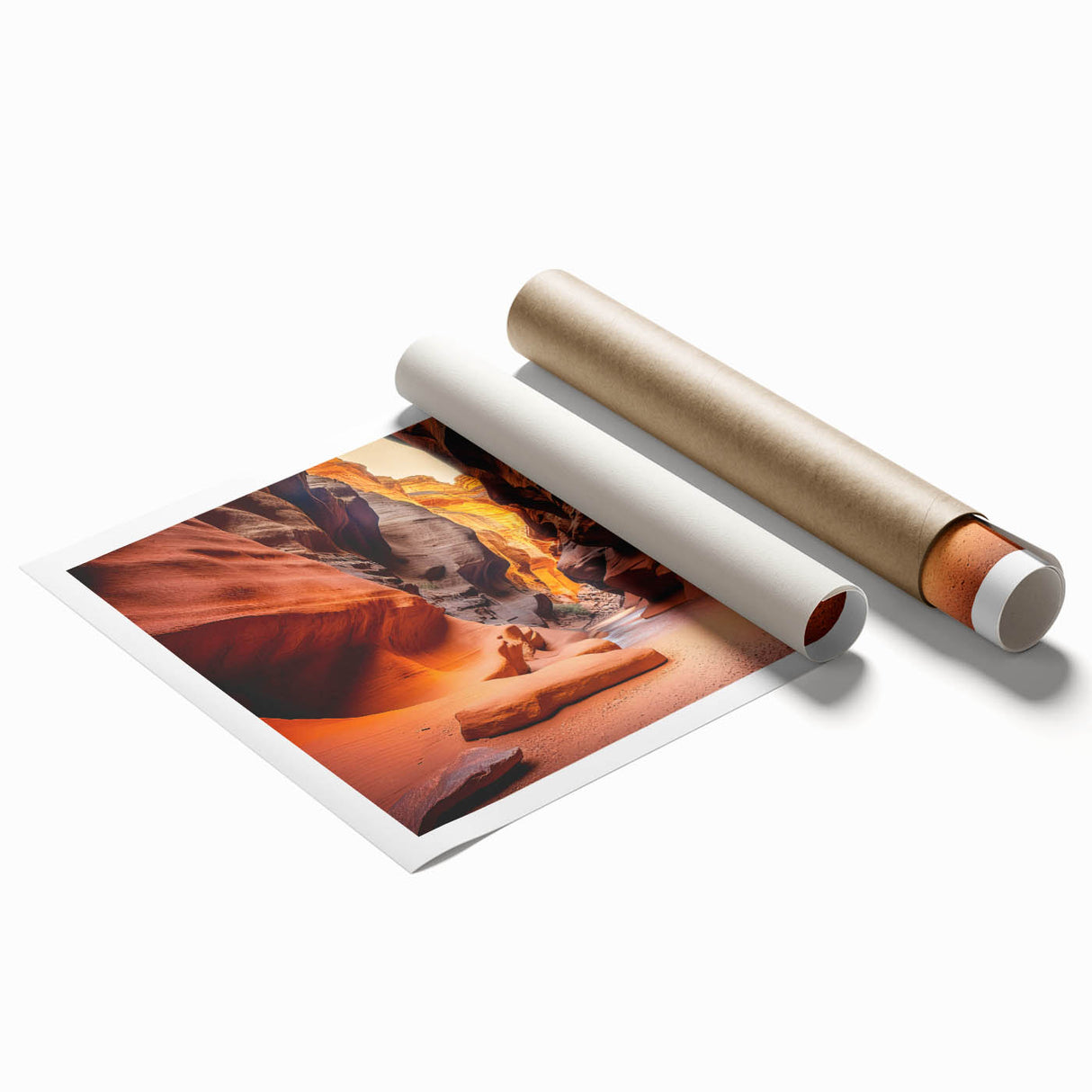 Vibrant rolled print of a canyon landscape wall art collection featuring rich earth tones and intricate textures, ideal for home decor or art enthusiasts.