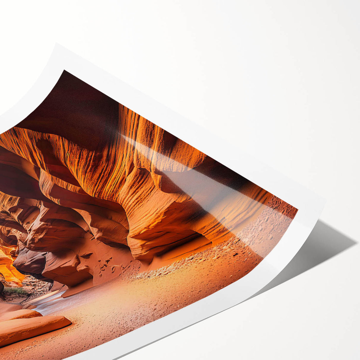 Vibrant rolled print of a canyon landscape artwork showcasing rich earth tones and dramatic rock formations, designed for wall decor enthusiasts. Perfect for adding a natural touch to any modern interior space.