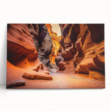 Stretched canvas wall art showcasing a stunning canyon landscape in warm earthy tones, elegantly leaning against a wall, perfect for home decor.