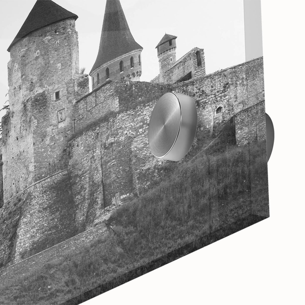 Close-up of a vibrant acrylic glass wall art piece showcasing a stunning landscape with a castle, featuring rich colors and intricate details, perfect for enhancing home decor.