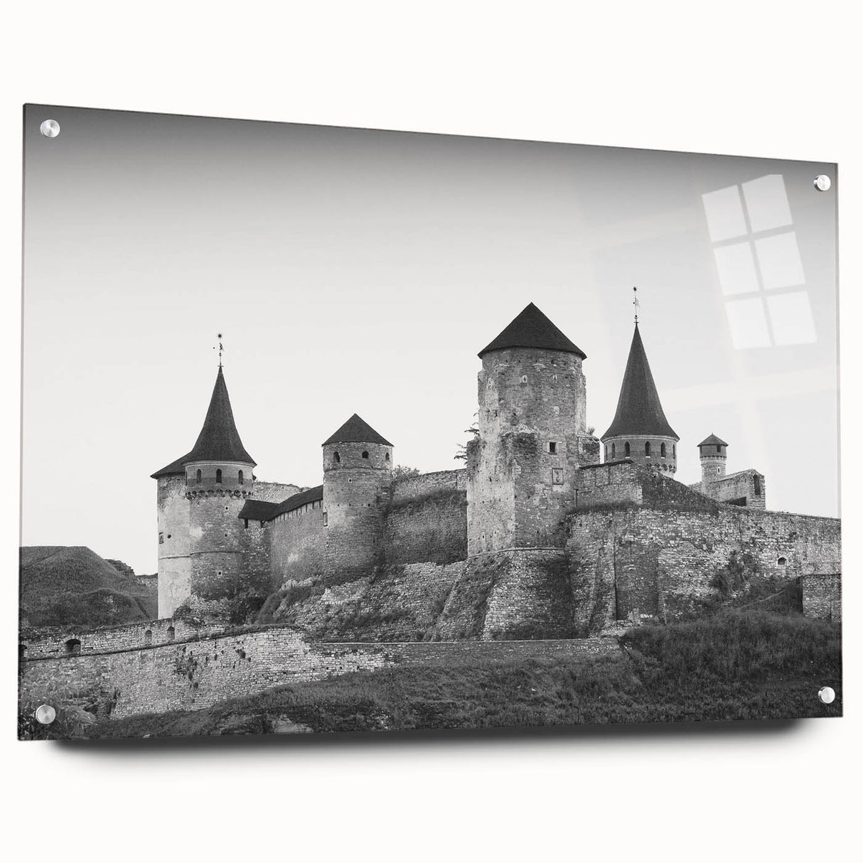 Acrylic glass wall art collection showcasing a detailed landscape of a castle, featuring vibrant colors and a side view display with pins for easy mounting. This artwork adds a touch of elegance and historical charm to any interior decor.