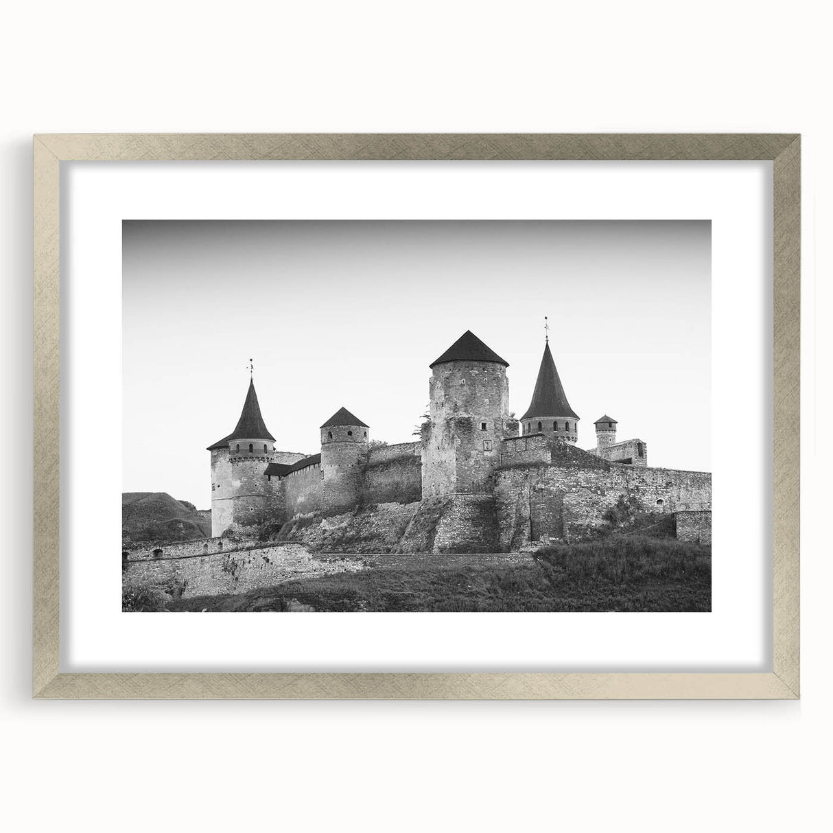 Framed wall art collection showcasing a stunning landscape of castles, featuring a silver frame and mat for an elegant presentation, perfect for home decor.