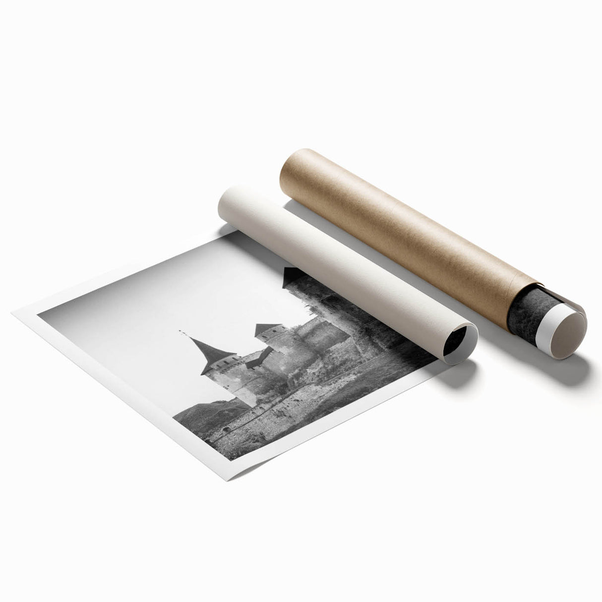 Rolled print of a vibrant landscape featuring a majestic castle surrounded by lush greenery and a clear blue sky, perfect for home decor and art enthusiasts.