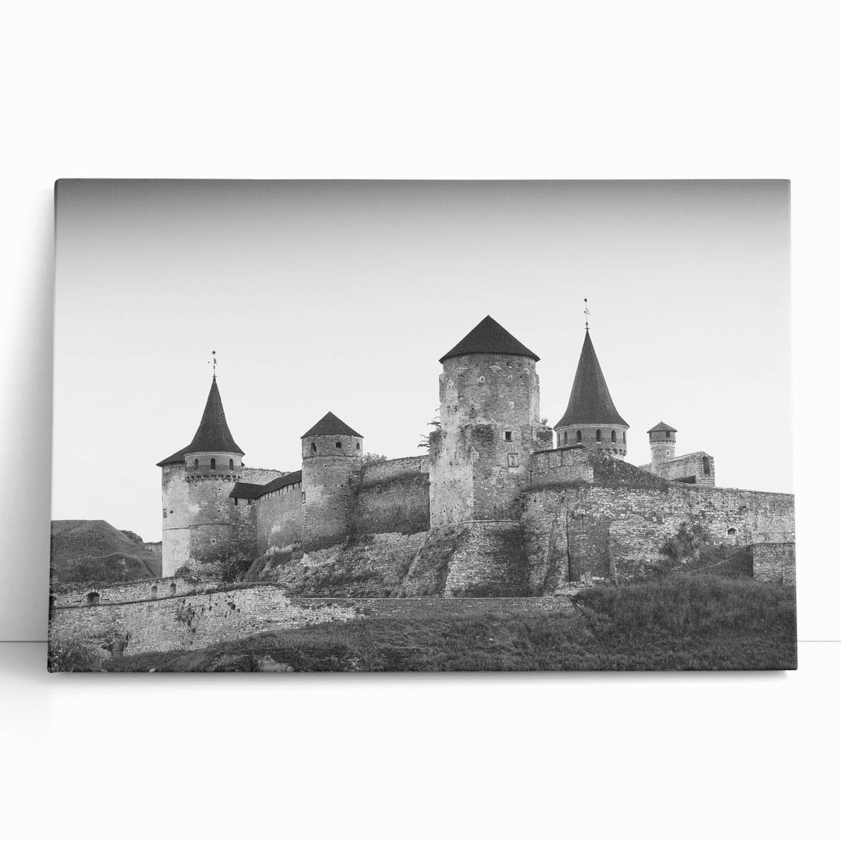Stretched canvas art piece showcasing a vibrant landscape with a majestic castle, featuring rich colors and intricate details, ideal for home decor.