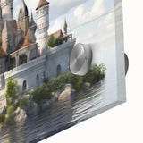 Close-up of an acrylic wall art piece showcasing a stunning landscape with a castle, featuring vibrant colors and intricate details, perfect for home decor.