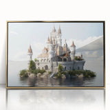 Framed wall art featuring a stunning landscape of a castle, elegantly designed with gold accents, showcasing intricate details and vibrant colors, perfect for home decor.