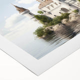 Rolled canvas artwork showcasing a stunning landscape of a castle surrounded by lush greenery, perfect for enhancing home decor with its vibrant colors and intricate details.