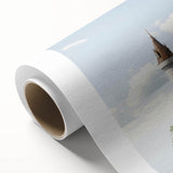 Scenic rolled canvas artwork showcasing a vibrant landscape with a majestic castle, featuring lush greenery and a clear blue sky, perfect for home decor.