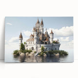 Stretched canvas wall art showcasing a vibrant landscape with an enchanting castle, elegantly leaning against a neutral backdrop, ideal for home decor enhancement.