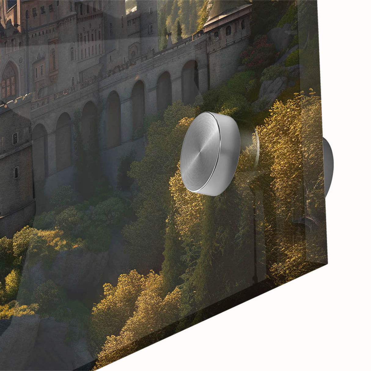 Close-up of an acrylic glass wall art piece showcasing a vibrant landscape with a castle, featuring detailed textures and rich colors, perfect for home decor.