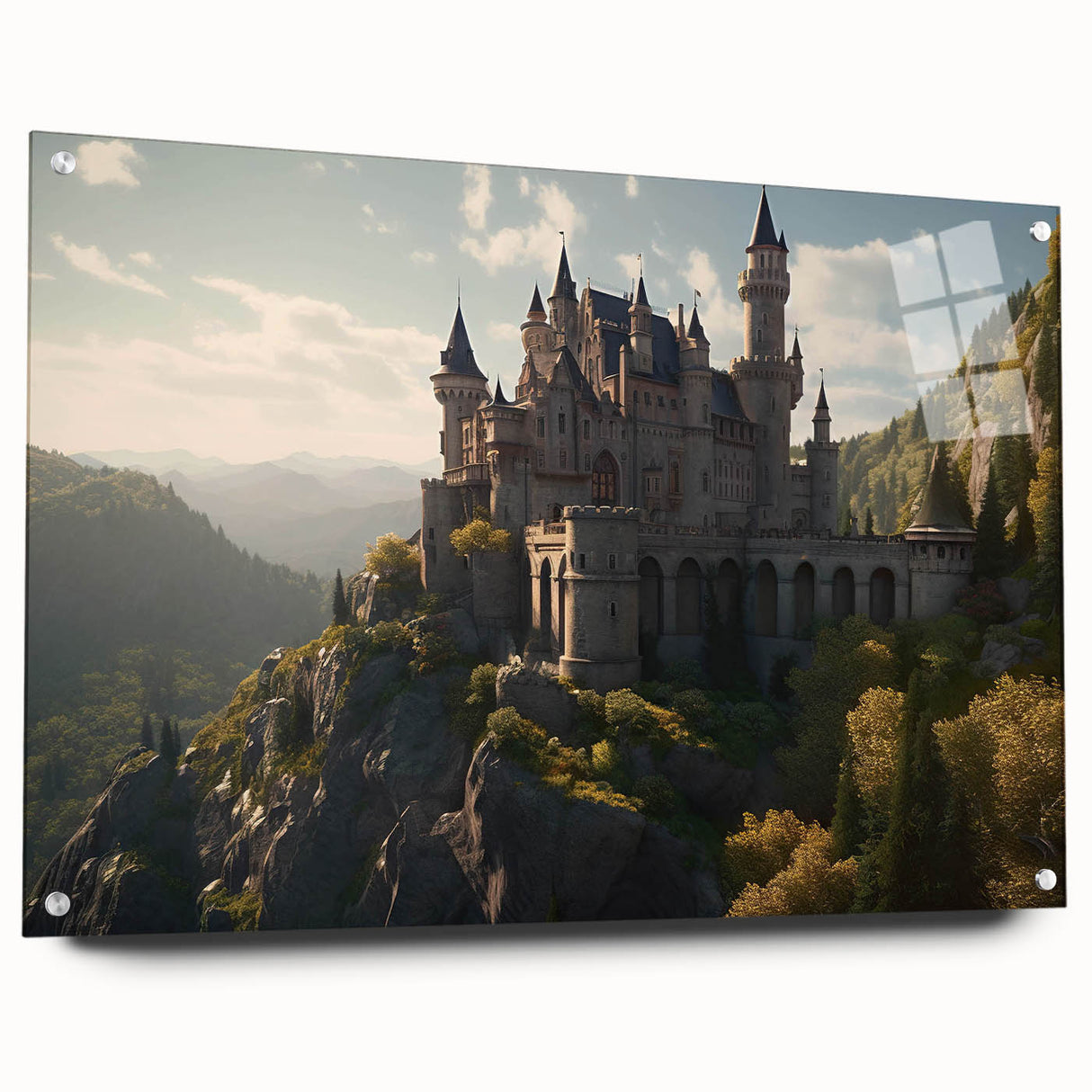 Acrylic glass wall art featuring a stunning landscape and castle design, elegantly displayed from a side view with decorative pins, perfect for home decor.