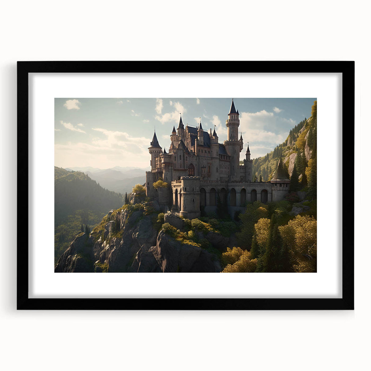 Framed black wall art showcasing a stunning landscape castle design, complete with a mat for an elegant presentation, perfect for enhancing home decor.