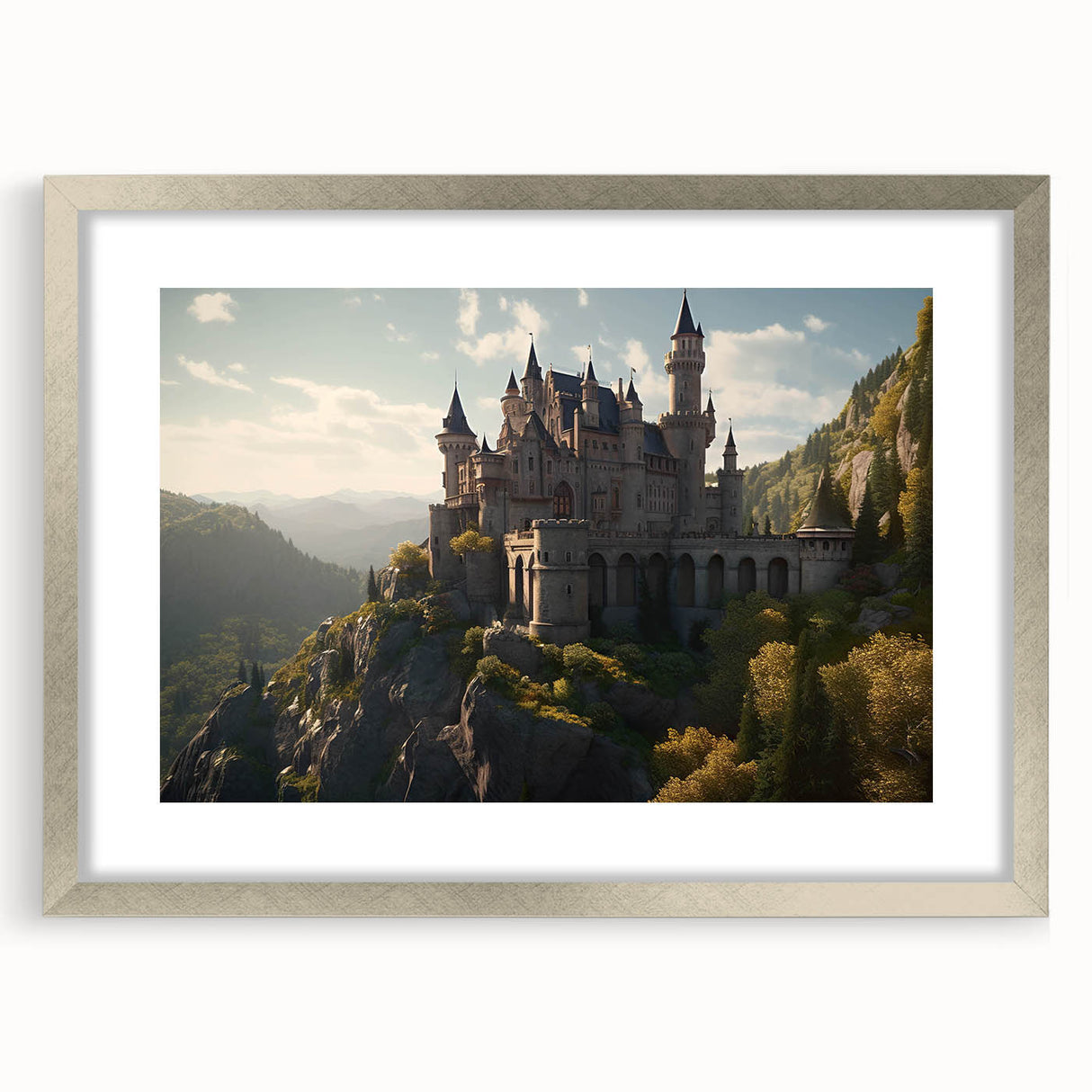 Elegant silver-framed wall art piece showcasing a stunning landscape of a picturesque castle, accented with a white mat for a refined presentation, perfect for home decor.
