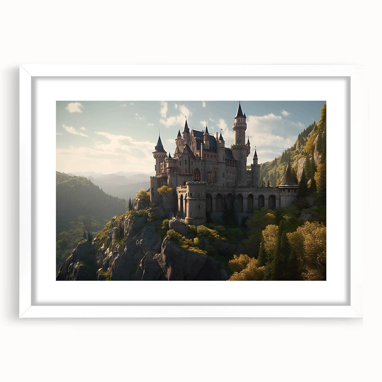 Framed wall art showcasing a picturesque castle landscape design with a white mat, perfect for enhancing home decor aesthetics and adding elegance to any space.