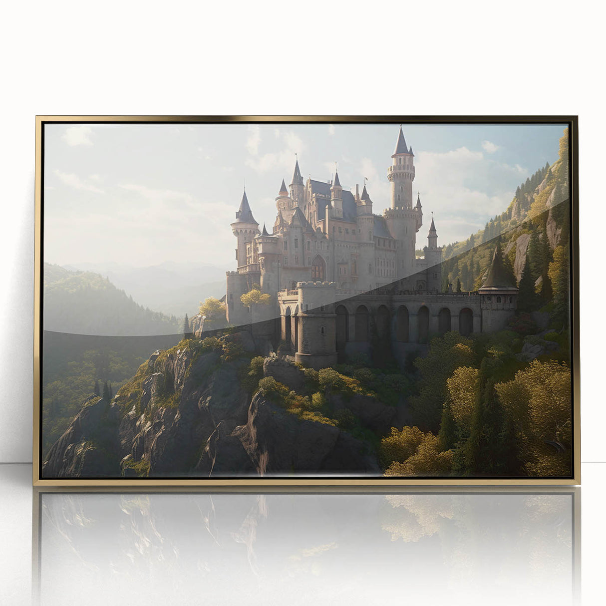 Framed acrylic wall art of a majestic castle landscape, showcasing intricate details and a gold border, perfect for enhancing any elegant interior decor.