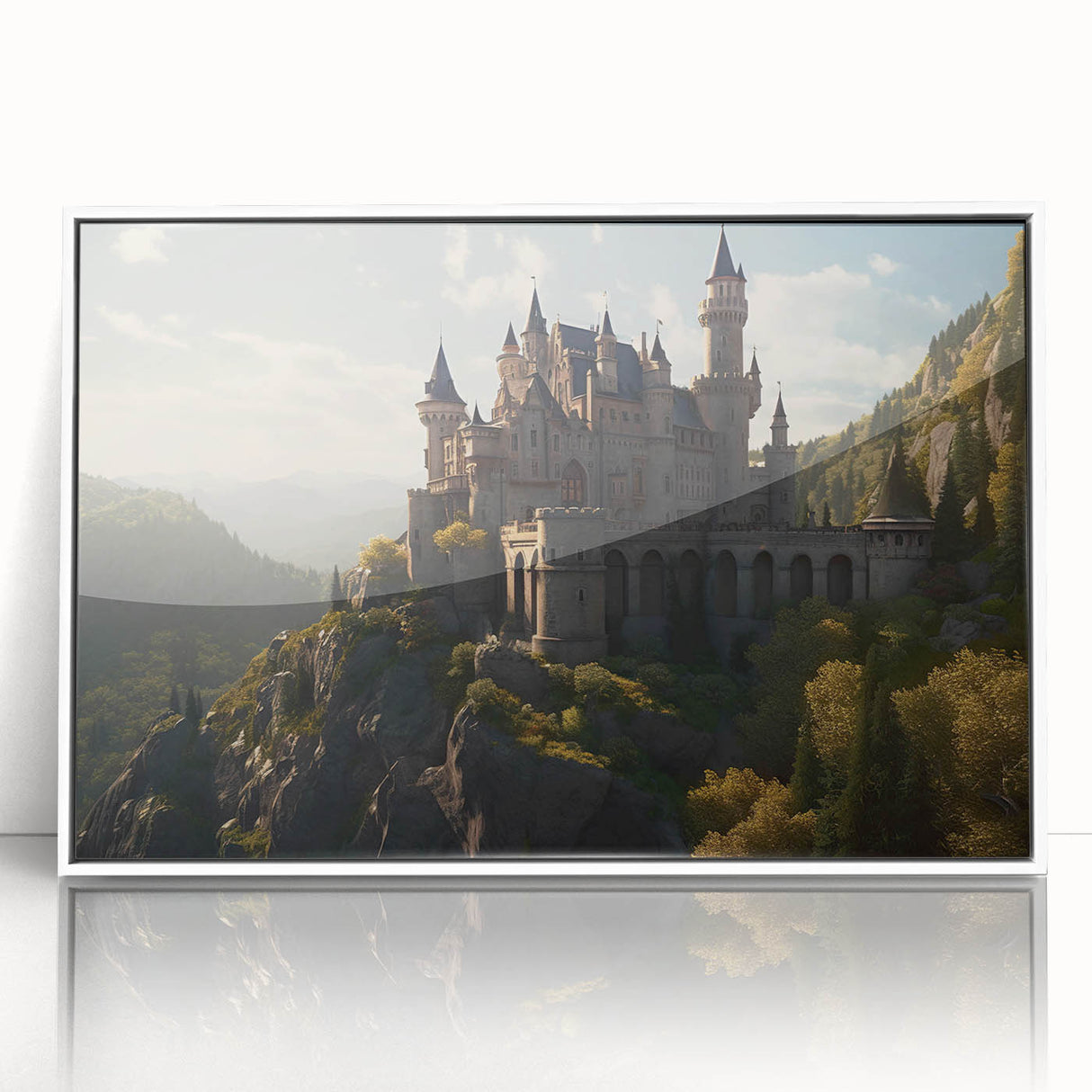 Framed acrylic wall art showcasing a picturesque landscape of a castle, featuring vibrant colors and intricate details, perfect for home decor enhancement.