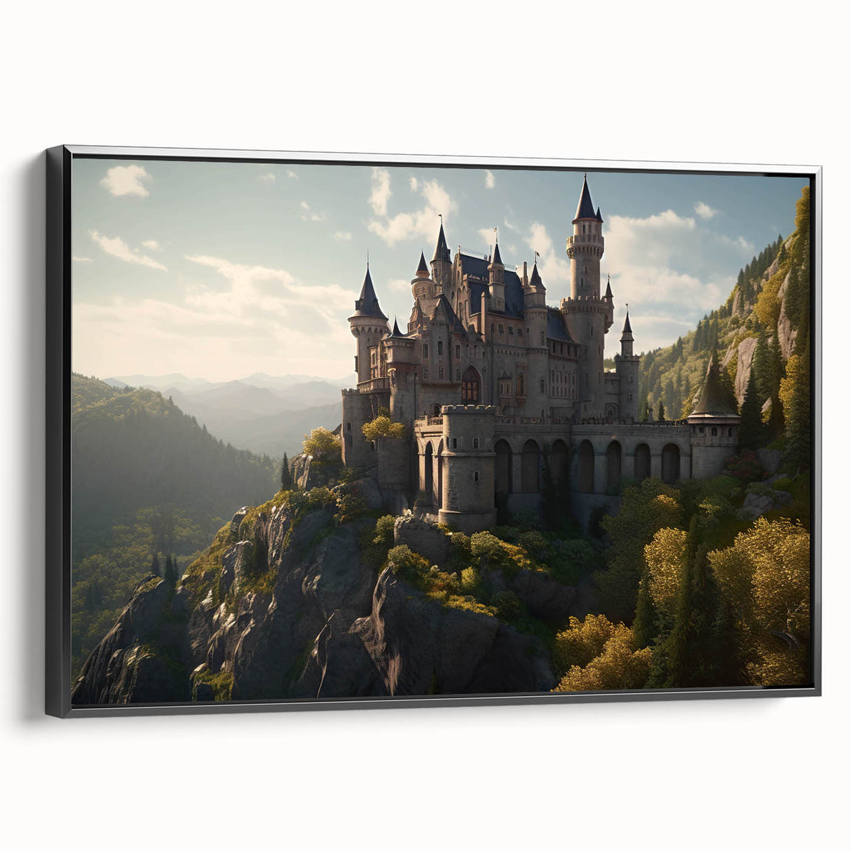Framed canvas wall art featuring a scenic landscape of a majestic castle surrounded by lush greenery, showcased from a black side view, ideal for home decor.