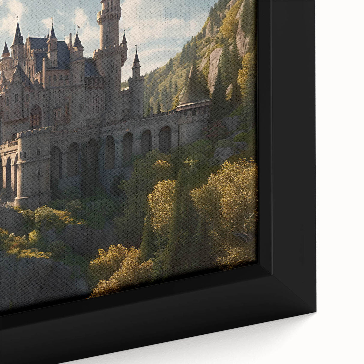 Framed canvas artwork showcasing a vibrant landscape of an ancient castle surrounded by lush greenery and a clear blue sky, perfect for enhancing home decor.
