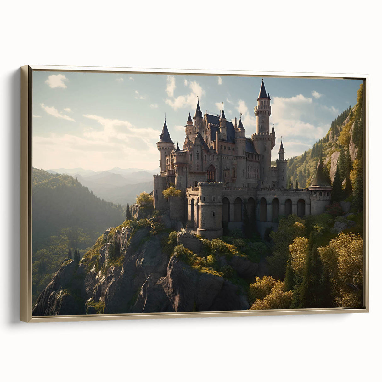 Framed canvas artwork showcasing a stunning landscape of a castle, adorned with gold accents and a sleek side view, perfect for enhancing home decor.