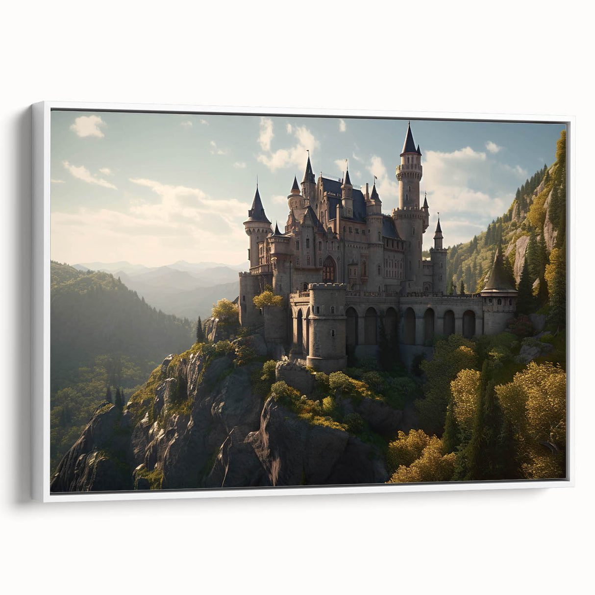 Framed canvas wall art showcasing a picturesque landscape of a castle surrounded by lush greenery and a serene sky, perfect for home decor enthusiasts.