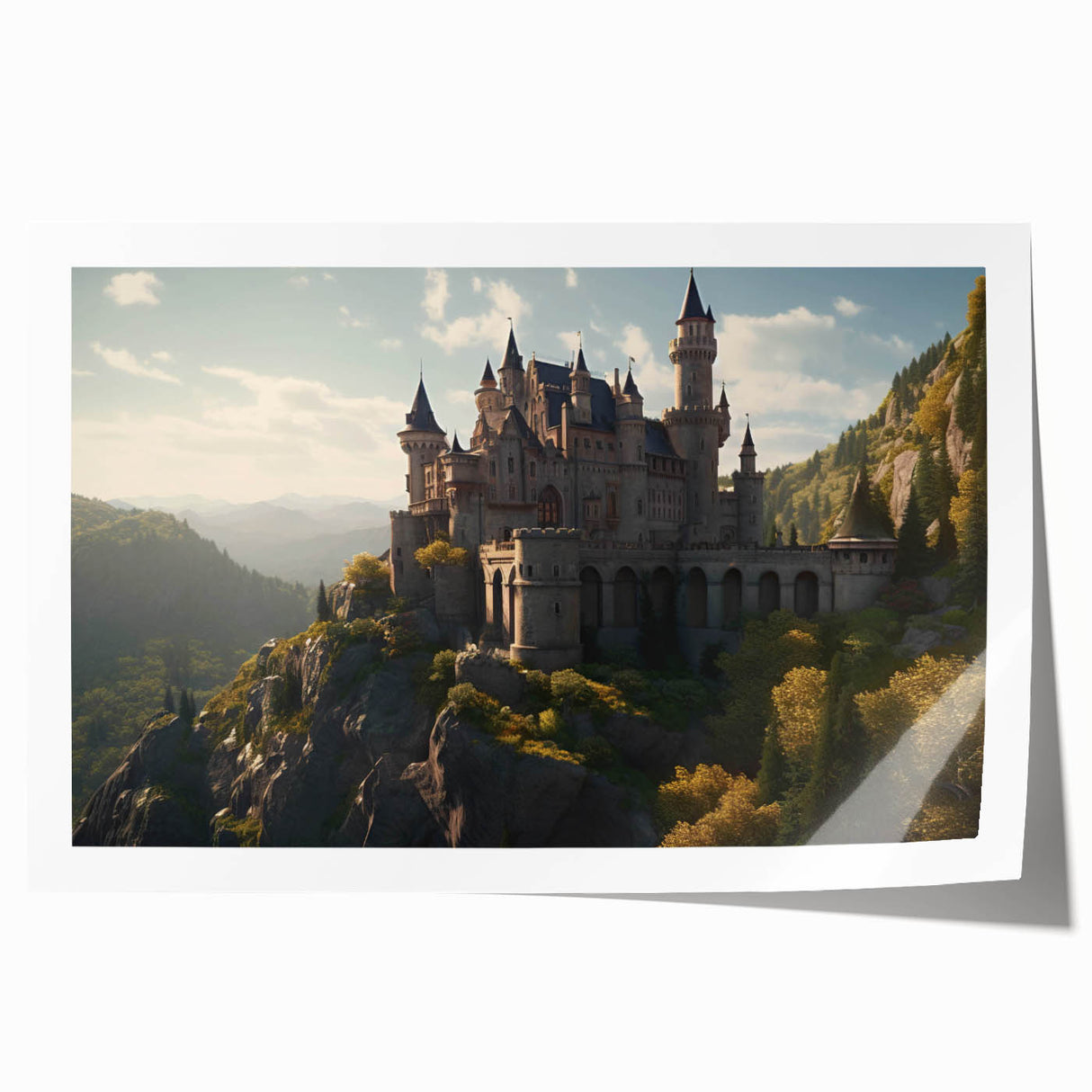 Rolled print showcasing a stunning castle landscape design with vibrant colors, ideal for home decor, packaged securely in a protective tube for safe delivery.