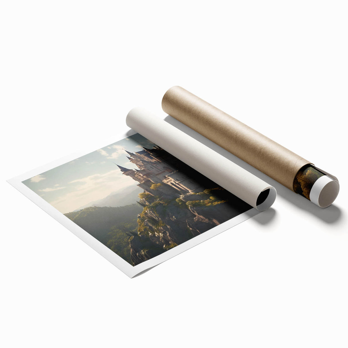 Stunning rolled print showcasing a vibrant landscape castle design, featuring rich colors and intricate details, perfect for enhancing home decor.