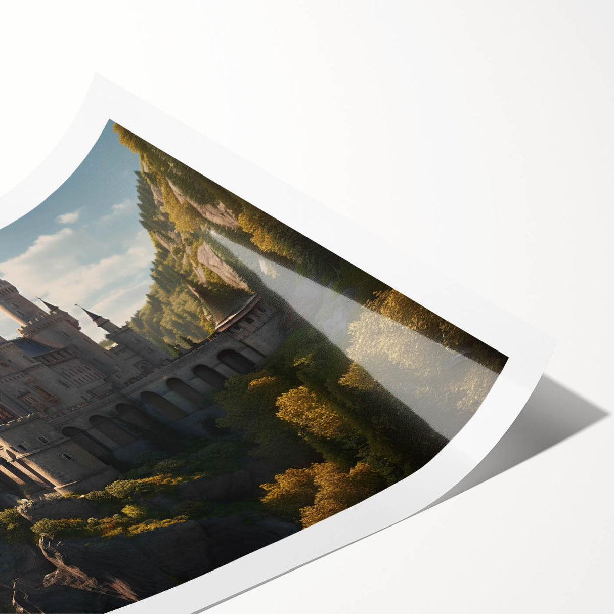 Rolled print showcasing a vibrant landscape of a majestic castle surrounded by lush greenery, ideal for home decor, packaged securely in a protective tube.