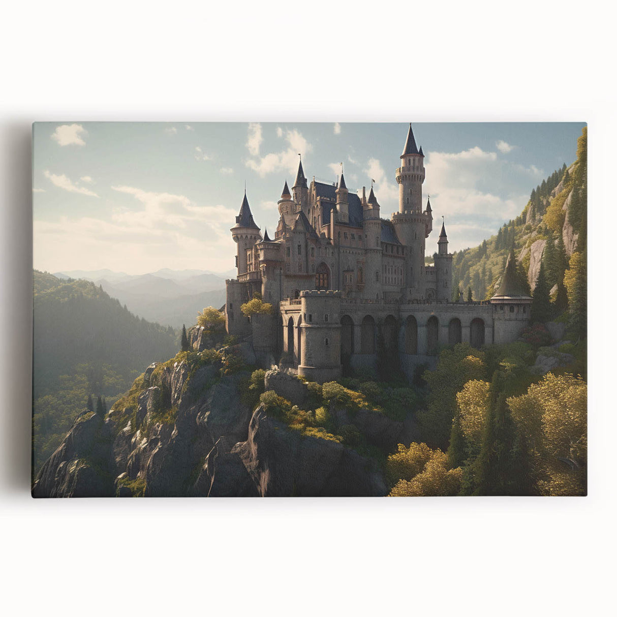Stretched canvas wall art showcasing a vibrant landscape of a majestic castle surrounded by lush greenery, perfect for enhancing home decor with a touch of elegance.