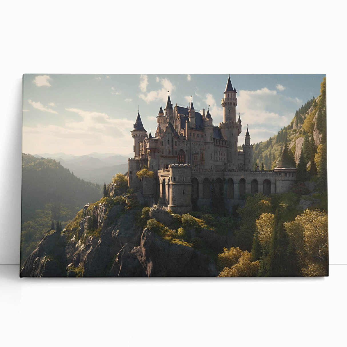 Stretched canvas artwork showcasing a vibrant landscape of a medieval castle surrounded by lush greenery, perfect for adding a touch of elegance to home decor.