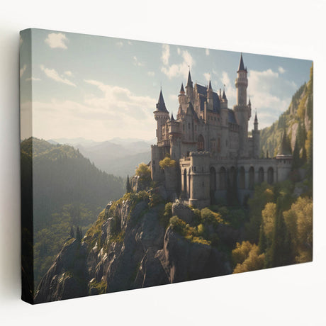 Stretched canvas wall art showcasing a vibrant landscape with a majestic castle, framed in a modern design. Perfect for home decor enthusiasts seeking elegance.