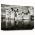 Acrylic glass wall art piece showcasing a stunning landscape with a majestic castle, displayed from a side view, featuring vibrant colors and intricate details, ideal for home decor.