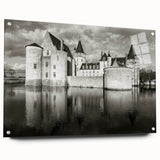 Acrylic glass wall art piece showcasing a stunning landscape with a majestic castle, displayed from a side view, featuring vibrant colors and intricate details, ideal for home decor.