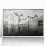 Framed acrylic wall art showcasing a stunning landscape with a castle, featuring a white border and modern design, perfect for enhancing home decor aesthetics.