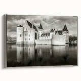 Framed canvas wall art showcasing a stunning landscape castle design, presented in a silver frame with elegant detailing, perfect for home decor enhancement.