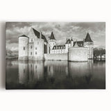 Stretched canvas artwork showcasing a stunning landscape with a majestic castle, featuring vibrant colors and intricate details, perfect for home decor and wall art enthusiasts.