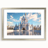 Framed silver wall art featuring a stunning landscape with a medieval castle design, elegantly matted for a sophisticated touch, perfect for home decor.