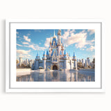 Front view of a white-framed wall art piece showcasing a picturesque landscape with a castle, designed to enhance home decor and create a serene ambiance.