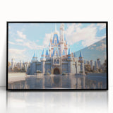 Framed acrylic wall art featuring a stunning landscape of a castle, showcasing intricate details and vibrant colors against a sleek black frame, perfect for home decor.