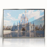 Framed acrylic wall art showcasing a stunning landscape with a castle, featuring a sleek silver frame and vibrant colors, ideal for home decor enhancement.