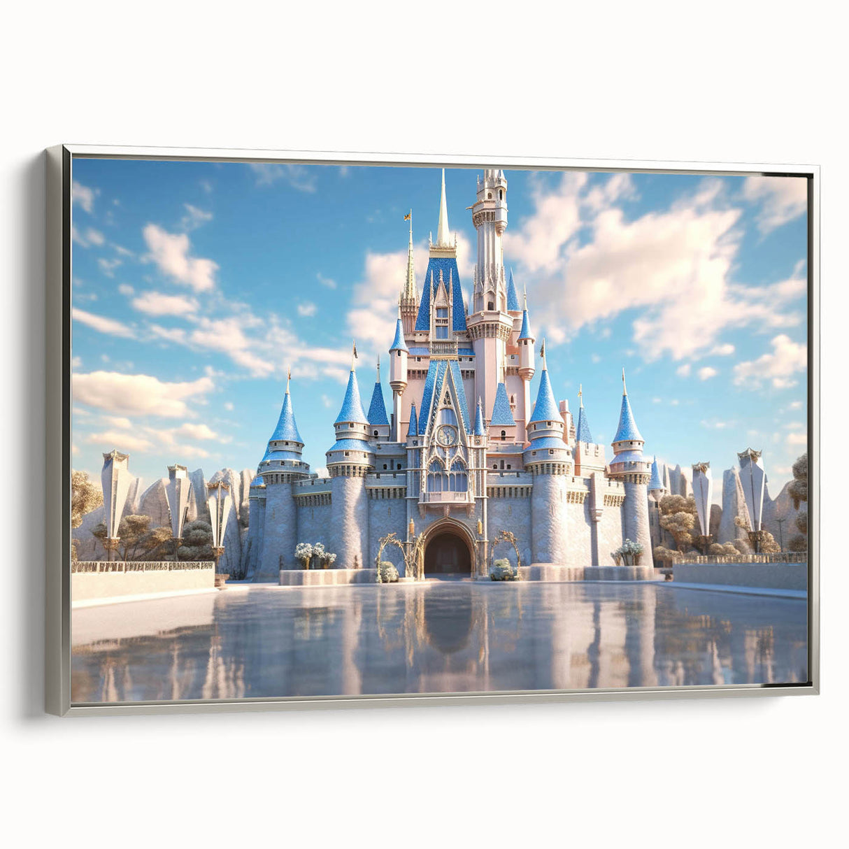 Framed wall art featuring a picturesque landscape with a medieval castle set against a serene sky, showcasing intricate details and a silver frame, ideal for home decor.