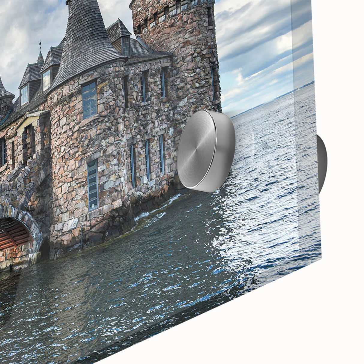 Close-up of a vibrant acrylic glass wall art piece showcasing a stunning landscape with a castle, featuring rich colors and intricate details, perfect for home decor.