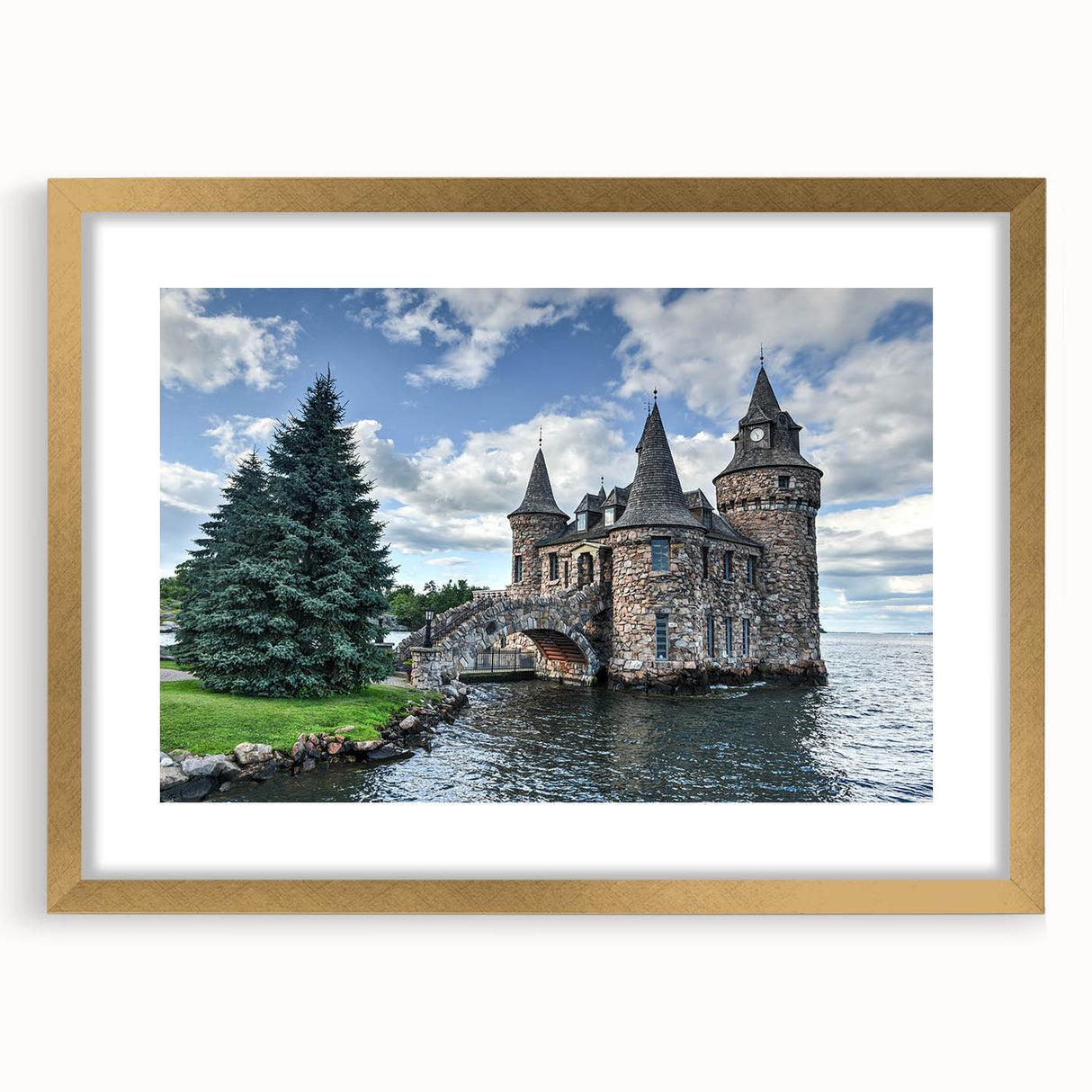 Elegant gold-framed wall art collection showcasing a stunning landscape of a castle, featuring intricate details and a mat for added sophistication. Perfect for enhancing interior decor with a touch of luxury.