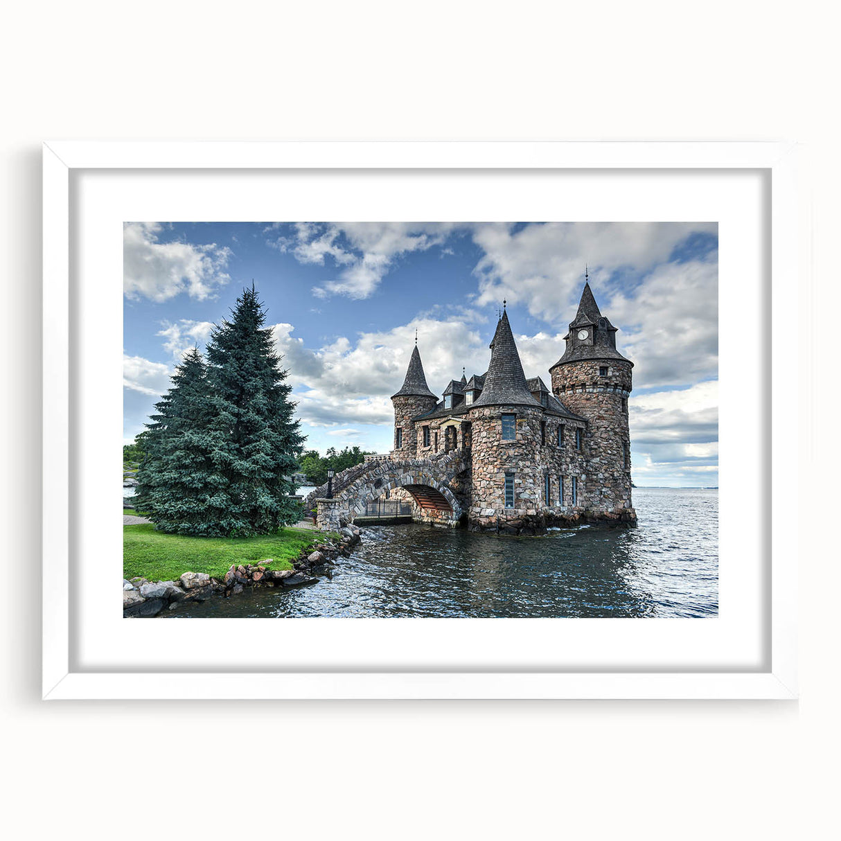 Front view of a framed landscape castle wall art with a white mat, showcasing intricate details and vibrant colors, ideal for enhancing home decor. Perfect for art enthusiasts seeking a touch of elegance.