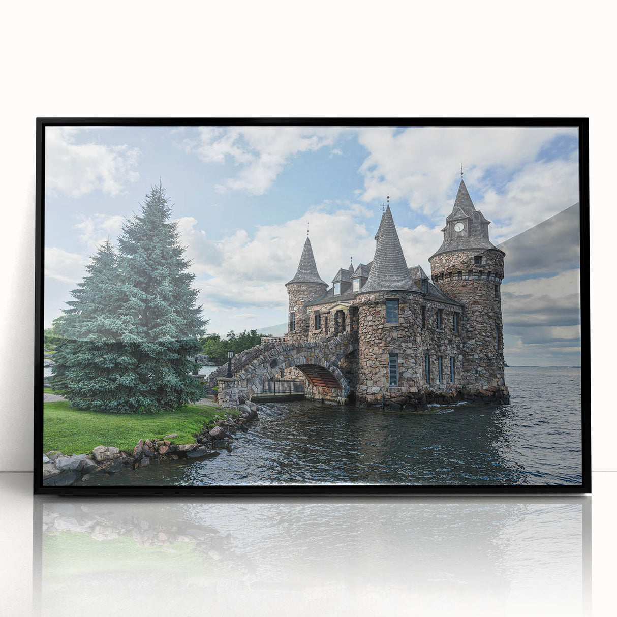 Framed wall art showcasing a stunning landscape with a castle, featuring rich colors and intricate details, set in a sleek black frame for elegant decor. Perfect for enhancing home interiors or office spaces.