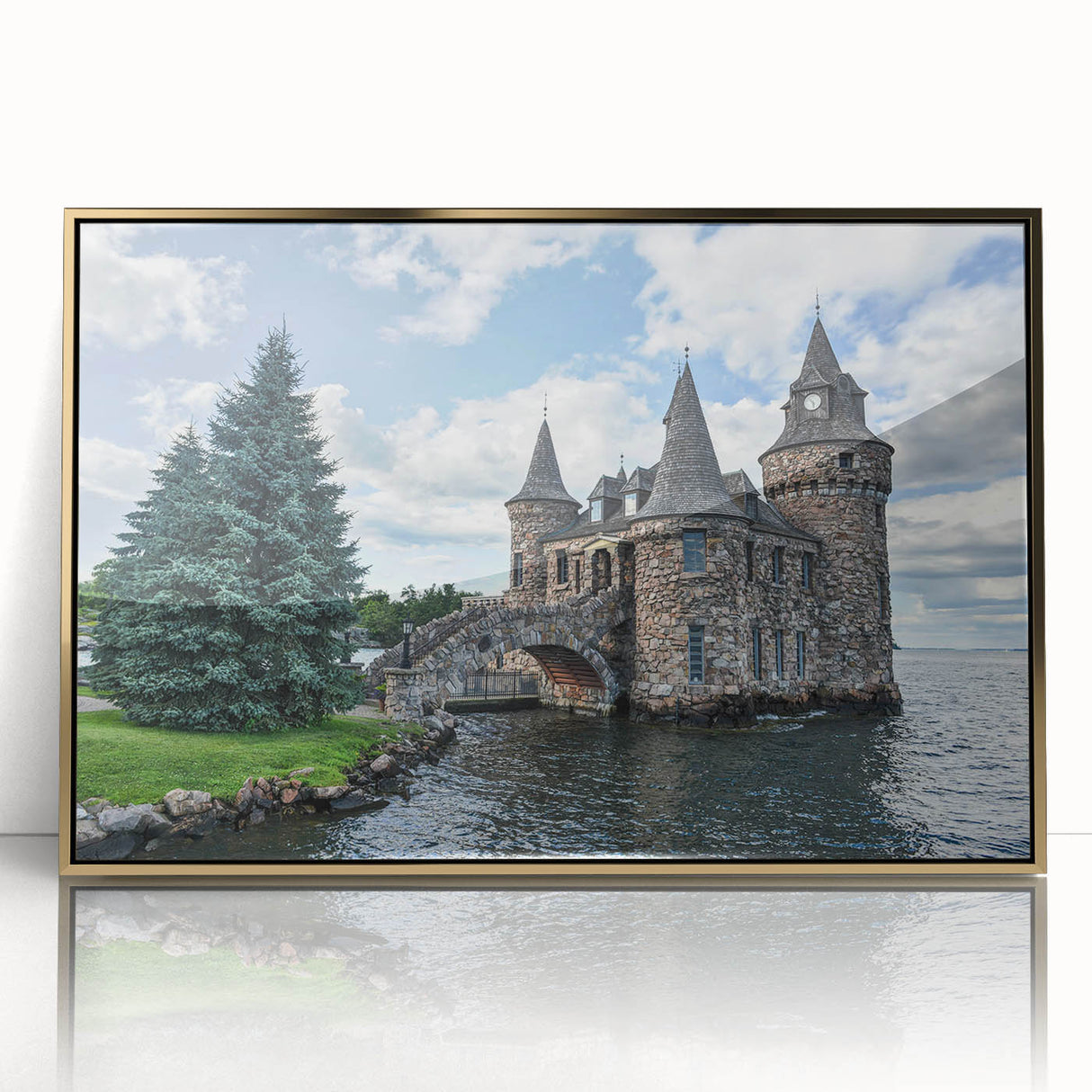 Framed wall art featuring a stunning landscape of a castle, set against a vibrant blue sky. The piece showcases intricate details and a gold-accented frame, ideal for enhancing home decor. Perfect for art enthusiasts and collectors seeking unique interior design elements.