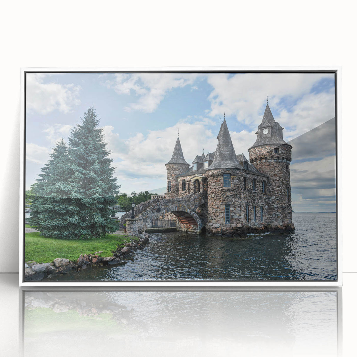 Framed wall art featuring a stunning landscape and castle design, showcased in a sleek white frame, perfect for enhancing home decor with elegance.
