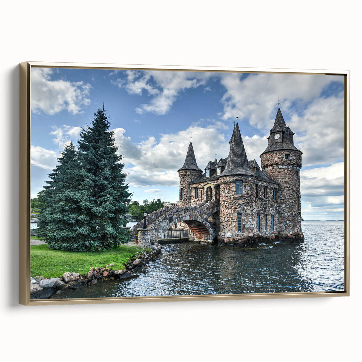 Framed canvas wall art collection showcasing a stunning landscape of a castle, featuring rich gold accents and intricate details, perfect for elegant home decor.