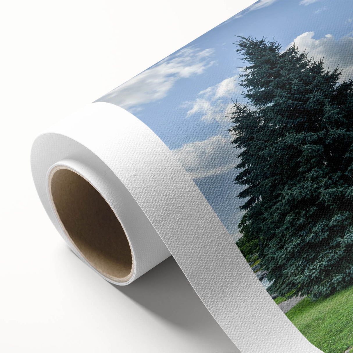 Rolled canvas wall art showcasing a vibrant landscape of a majestic castle surrounded by lush greenery, designed for home decor enthusiasts, packaged securely.