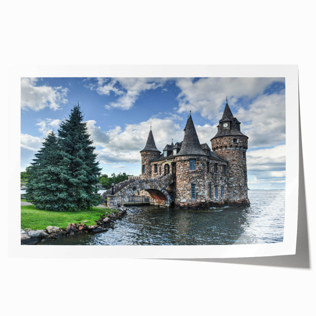 Rolled print of a stunning landscape showcasing a majestic castle surrounded by lush greenery, designed for wall art enthusiasts, emphasizing vibrant colors and intricate details.