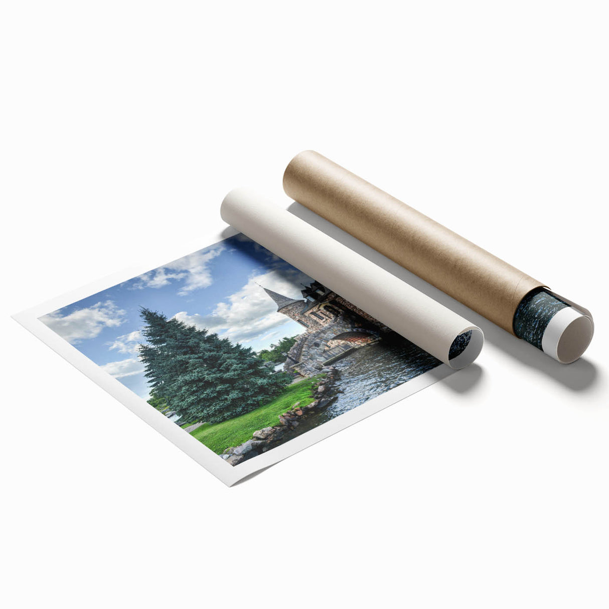 Rolled print of a majestic castle landscape wall art design, showcasing vibrant colors and intricate details, elegantly packaged in a protective cardboard tube for optimal delivery.